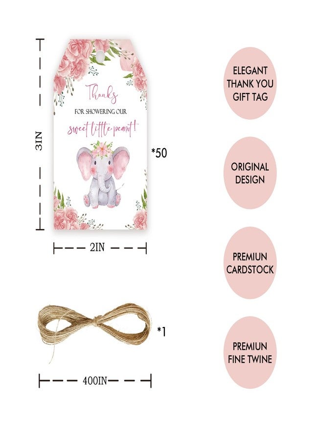 FORSHEEP 50pcs Elephant Thank You Tags, Pink Elephant Gift Tag with String for Jungle Animal Party, Thank You Paper Tags for Girl 1st Birthday/Elephant Themed Gender Reveal Party Favors - Image 2